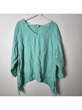 La Fixsun Size XL 100% Linen V Neck Double Layer Top Aqua Long Sleeves Coastal